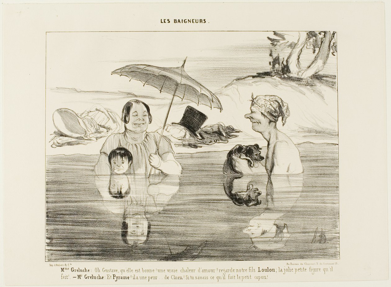 Madame Greluche: "Åh, Gustave, hvor er det godt! En rigtig beroligende varme! Se vores søn Loulou, hvor han dog ser sød ud!" Hr. Greluche: "Og Pyramus, han er bange, bange som en hund. Hvis du bare vidste, hvad han laver lige nu, den lille slyngel", plade  af Honoré Victorin Daumier