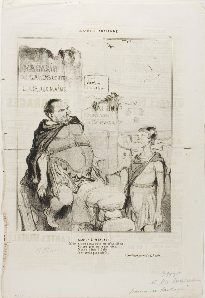 Marius i Karthago. Soldat, sig til senatet, at jeg i min ædle fattigdom har taget en ruin som stol, og hvis jeg var i Sylla, ville jeg ikke sidde her. (Ordspil tilskrevet M. Cousin), plade 35 fra Histoire Ancienne af Honoré Victorin Daumier
