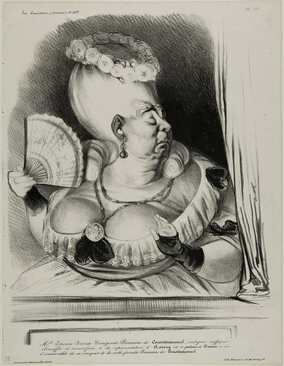 Frøken Etienne-Mona-Lisa-Cunégonde-Silly Goose of the Constitutionnel, forarget, kvalt og over-ornat over forestillingen om Anthony, hvor den ondskabsfulde Dumas havde den uanstændighed at håne den adelige familie Silly Goose of the Constitutionnel ..., pl af Honoré Victorin Daumier