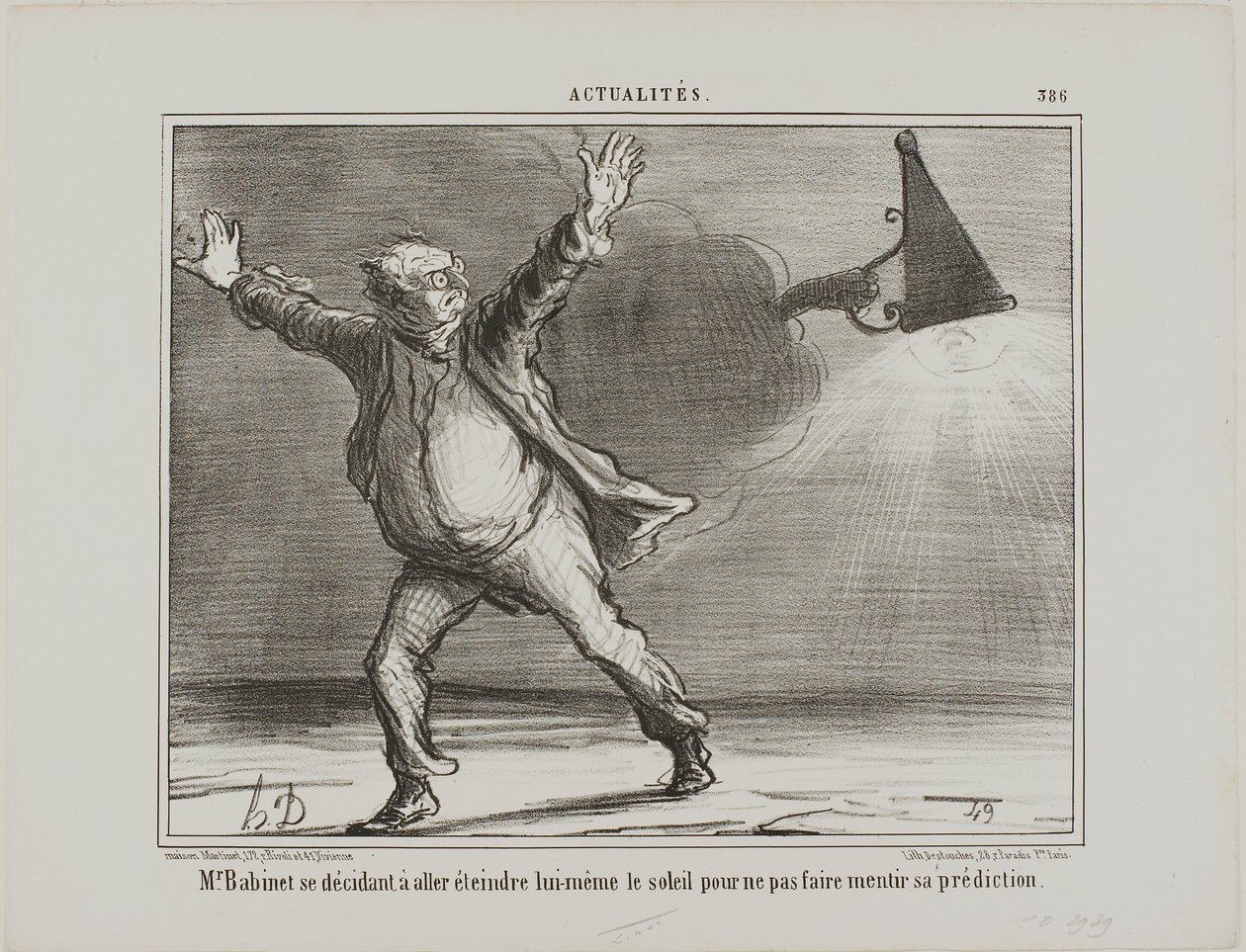 Monsieur Babinet beslutter sig for personligt at slukke for solen, så hans forudsigelser kan gå i opfyldelse, plade 386 fra Actualités af Honoré Victorin Daumier