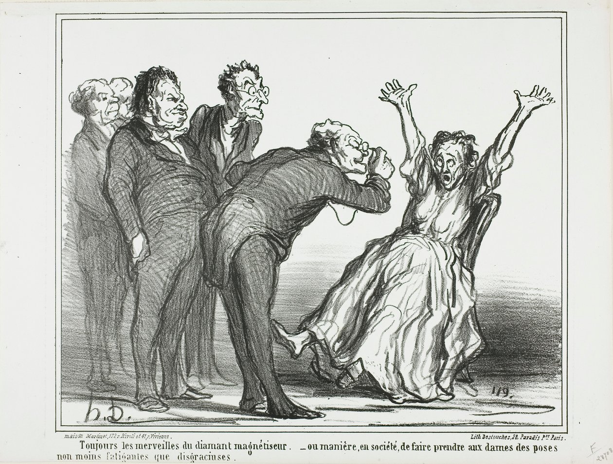 Flere vidundere fra diamanthypnotisøren. Eller hvordan man får damerne til at posere i selskabet i anstrengende og ikke særlig yndefulde stillinger, plade 137 fra Actualités af Honoré Victorin Daumier