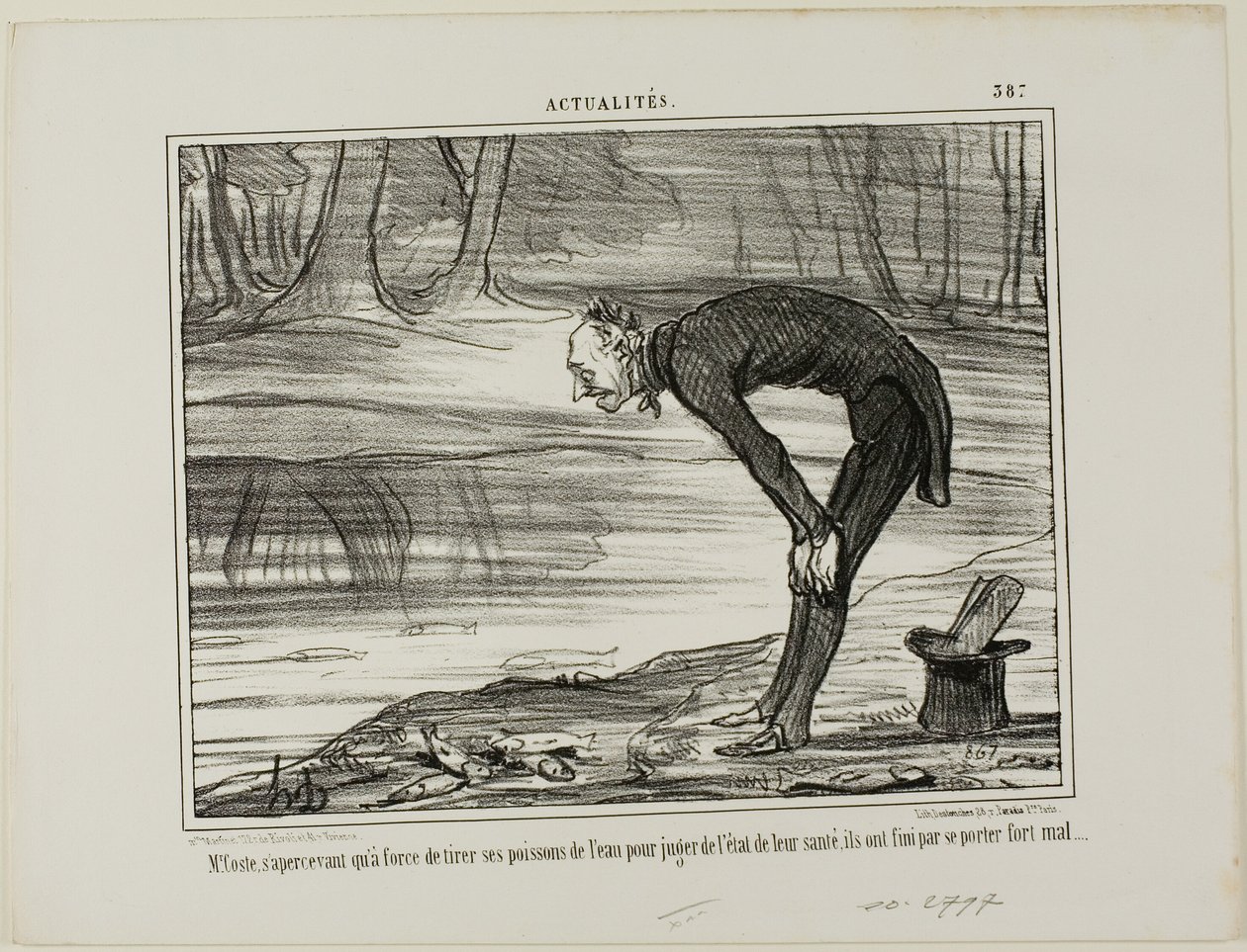 Coste bemærker, at de fisk, han tog op af vandet for at analysere deres sundhedstilstand, ender med slet ikke at have det godt, plade 387 fra Actualités af Honoré Victorin Daumier