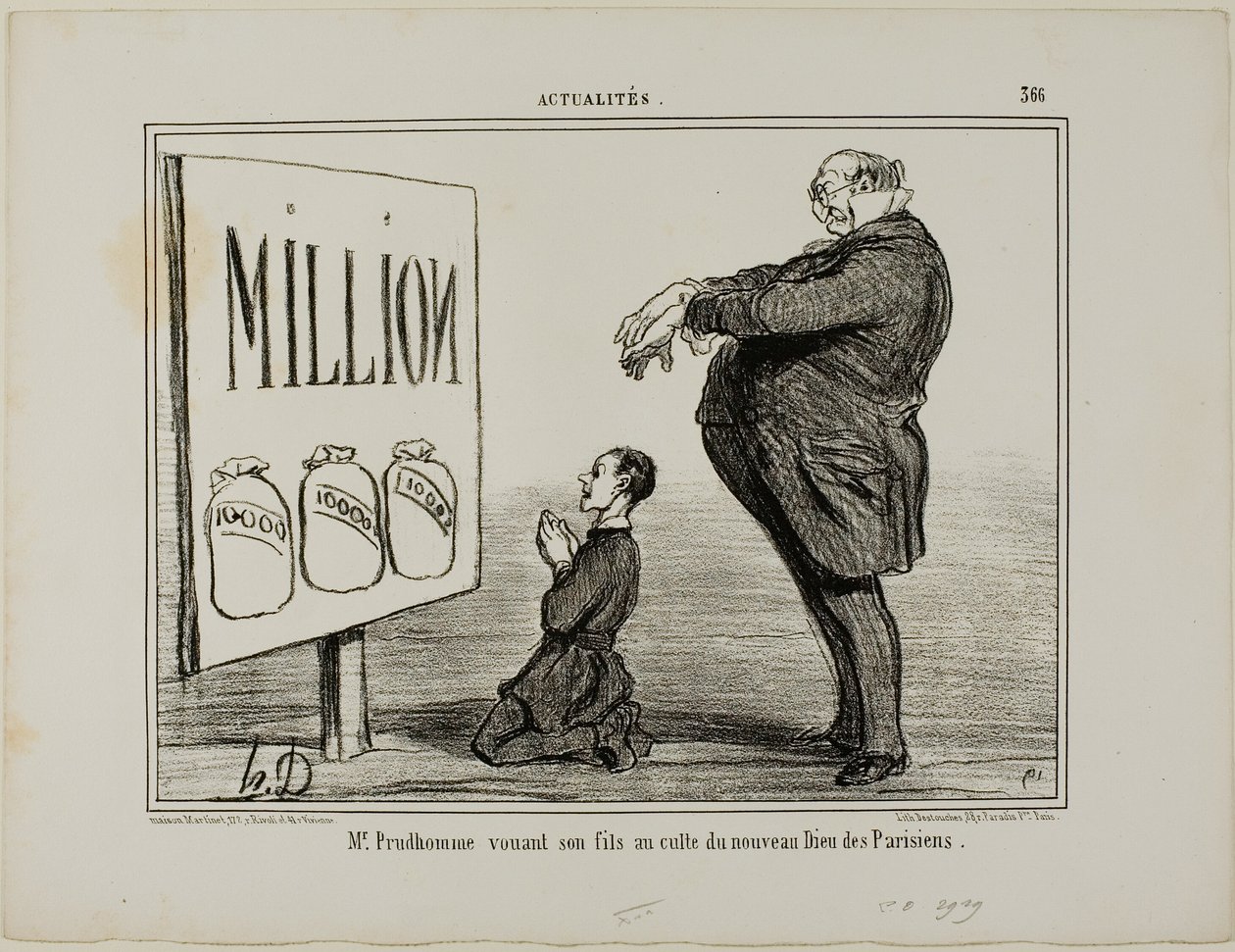 Hr. Prudhomme dedikerer sin søn til parisernes nye gud, planche 366 fra Actualités af Honoré Victorin Daumier