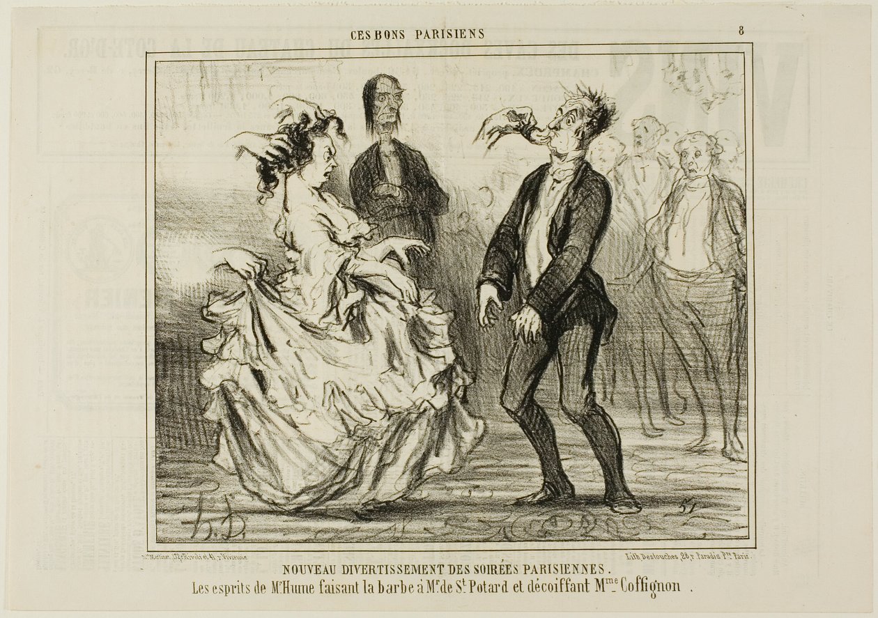 Ny underholdning ved de parisiske aftenfester. Hume barberer skægget af Monsieur de St. Potard og sætter håret af Madame Coffignon, plade 8 fra Ces Bons Parisiens. af Honoré Victorin Daumier