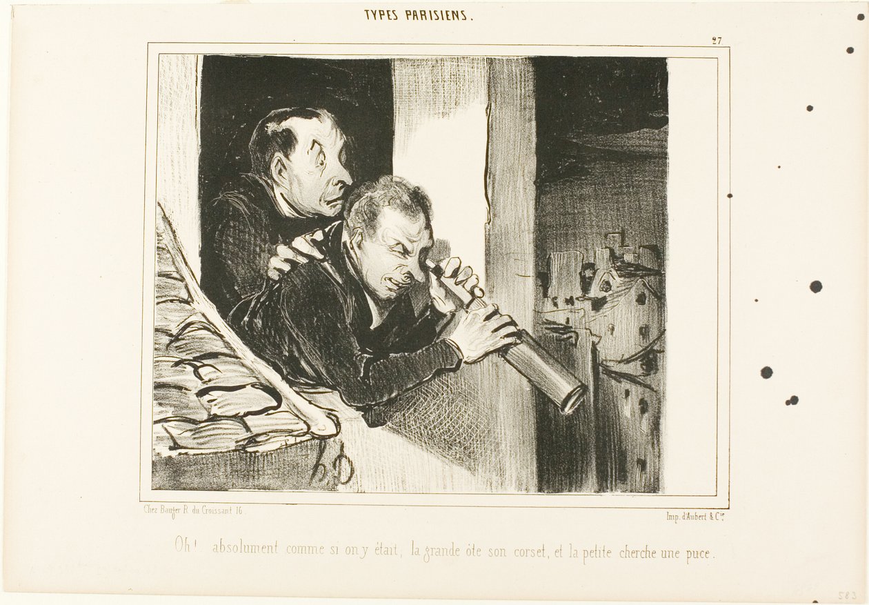 "Åh! Det er, som om vi var der: den høje åbner sit korset, og den lille leder efter en loppe!", plade 27 fra Types Parisiens af Honoré Victorin Daumier