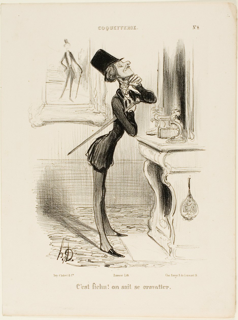 "Åh nej! Jeg ser ikke ud til at kunne binde en knude!" plade 4 fra Coquetterie af Honoré Victorin Daumier