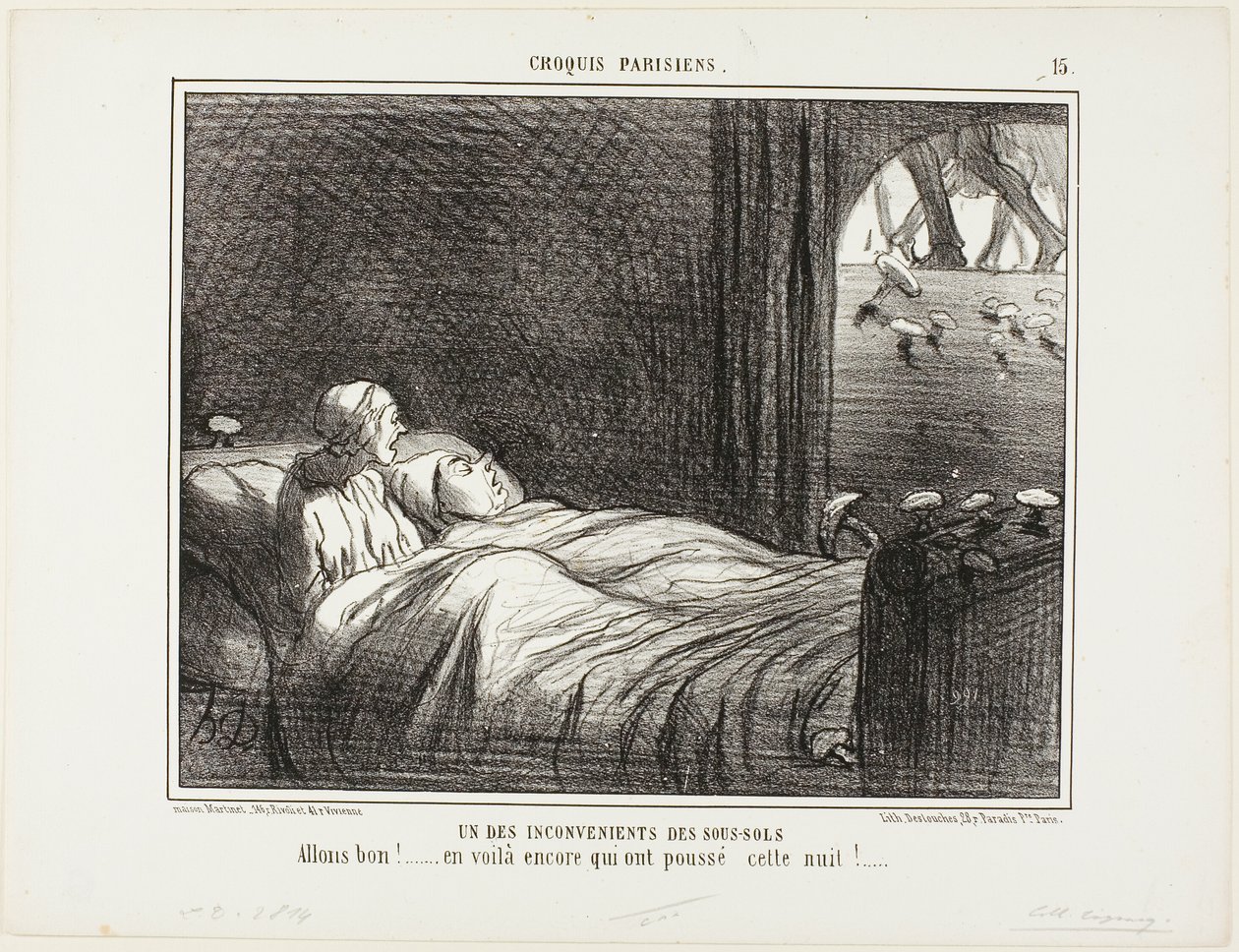 En af ulemperne ved at bo i kælderen. "Se, her er nogle flere, som voksede i går aftes ...", planche 15 fra Croquis Parisiens af Honoré Victorin Daumier