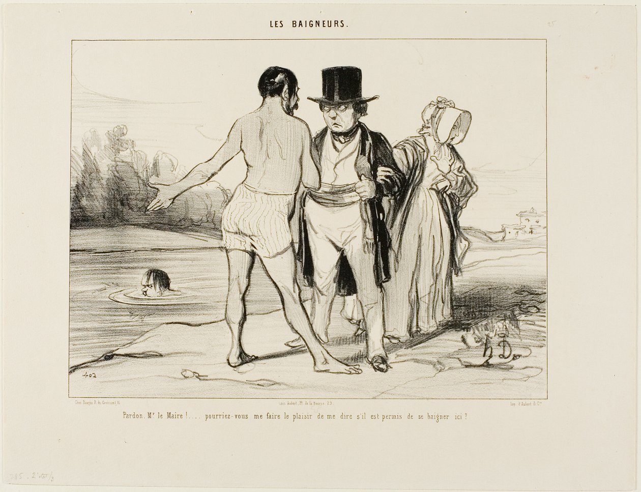 "Undskyld mig, borgmester.... vil du være så venlig at fortælle mig, om det er tilladt at svømme her", plade 25 fra Les Baigneurs af Honoré Victorin Daumier