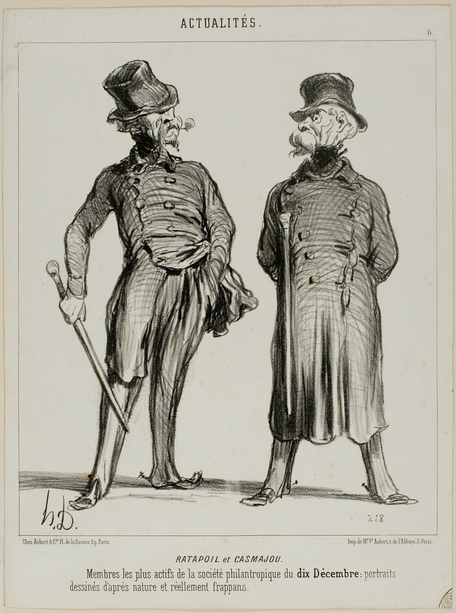 Ratapoil og Casmajou. De mest aktive medlemmer af det filantropiske selskab den 10. december: portrætterne er hentet fra naturen og har en slående lighed, planche seks fra Actualités af Honoré Victorin Daumier