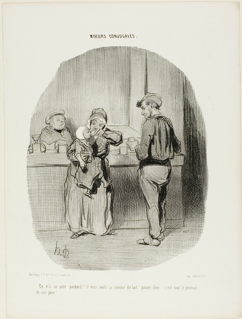 "Almindelig lille drukkenbolt er han!... han sluger det som mælk! Stakkels lille skat ... han er ligesom sin far!", plade 42 fra Moeurs Conjugales af Honoré Victorin Daumier