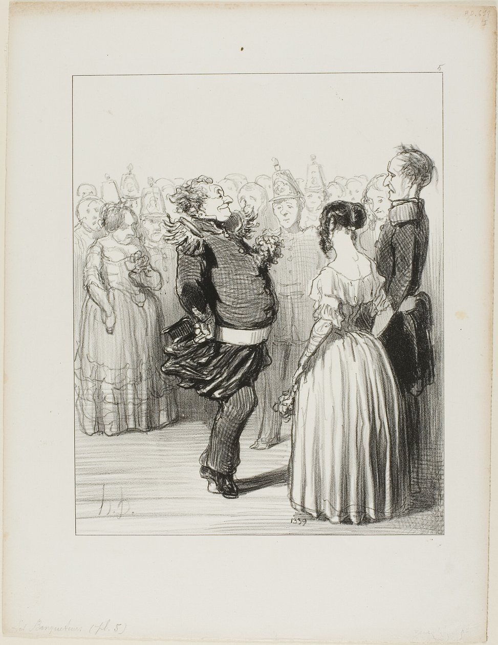 Rifolard åbner bolden og udfører et dristigt dansetrin fremad, som får udbredt ros, plade 5 fra Les Banqueteurs af Honoré Victorin Daumier