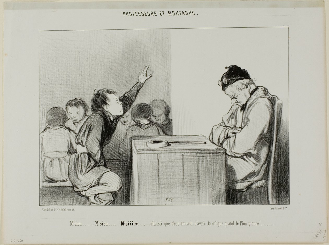 "Sir... Sir... Siiiirrrr... Gud, hvor er det irriterende at have kolik, når den tilsynsførende fører tilsyn", plade 13 fra Professeurs Et Moutards af Honoré Victorin Daumier