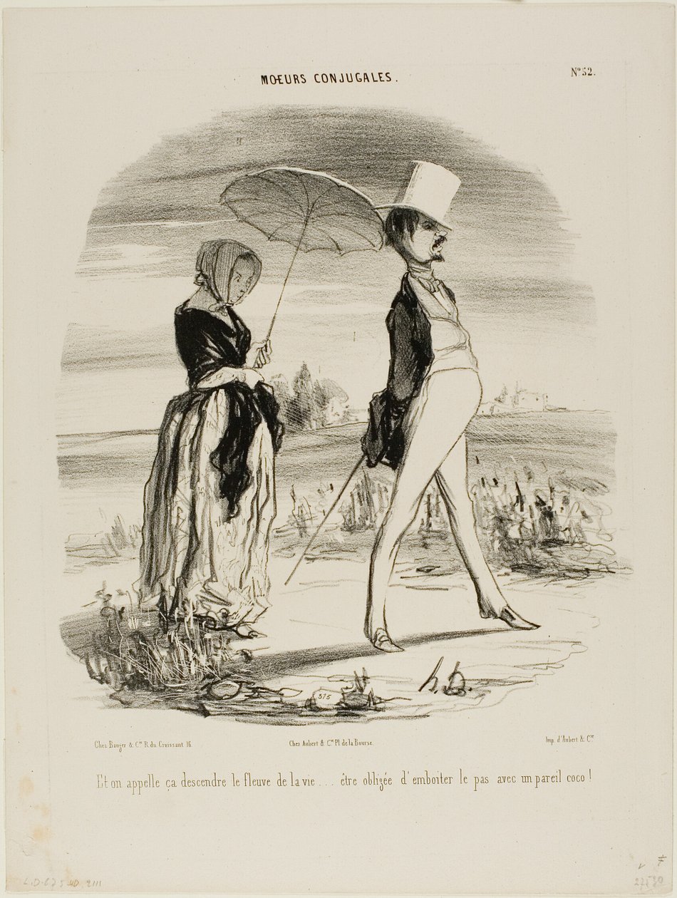 "Så det er det, der kaldes at følge livets strøm.... at være tvunget til at marchere i takt med sådan et fjols!", plade 52 fra Moeurs Conjugales af Honoré Victorin Daumier