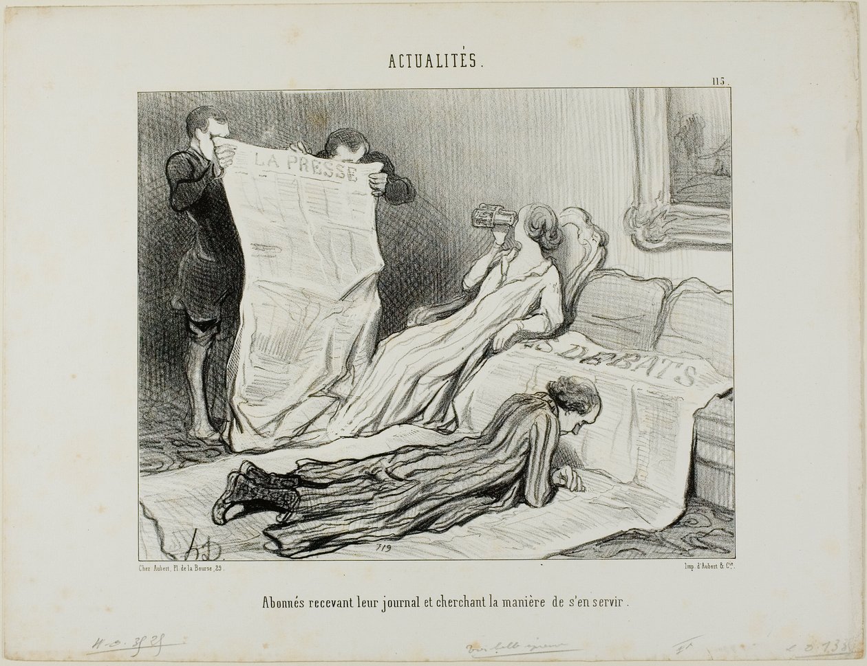 Abonnenter, der forsøger at klare sig med deres avis, plade 115 fra Actualités af Honoré Victorin Daumier