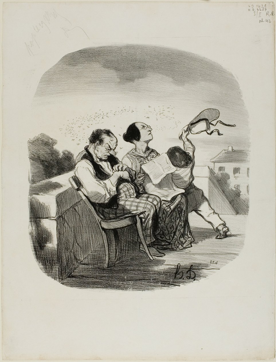 Fordelen ved at dele den friske luft på en italiensk terrasse sammen med et stort antal insekter, planche 42 fra Pastorales af Honoré Victorin Daumier