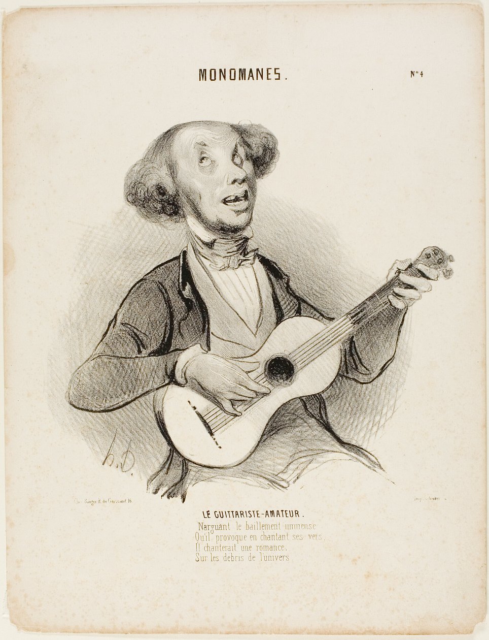Amatørguitaristen. Han trodser alles gab, når han synger sit ynkelige vers, han ville synge en salonsang, på universets ruiner ...", plade 4 fra Monomanes af Honoré Victorin Daumier