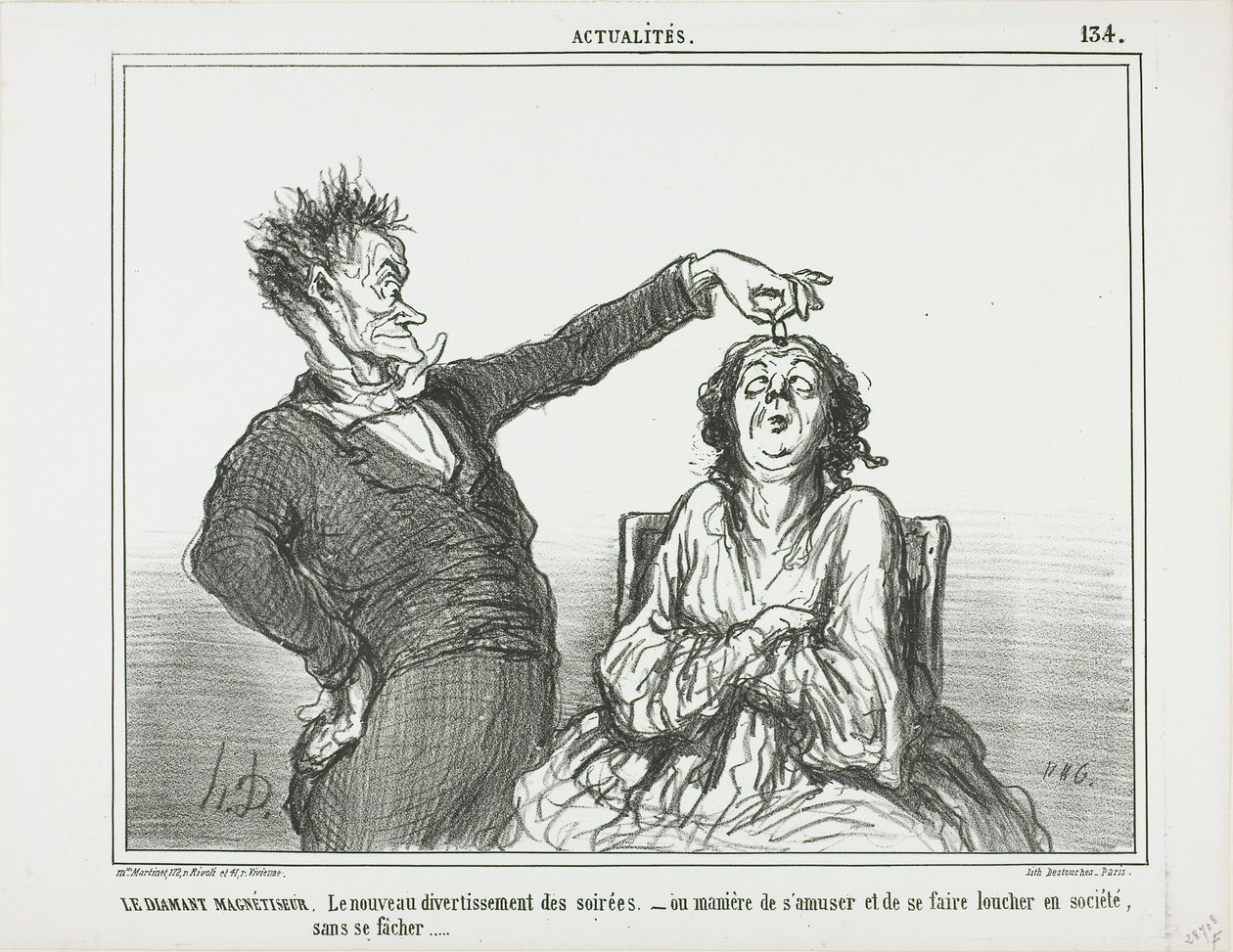 Diamant-hypnotisøren. Et nyt tidsfordriv ved aftenfester - eller hvordan man kan have det sjovt og få nogen til at skele, uden at få problemer, plade 134 fra Actualités af Honoré Victorin Daumier