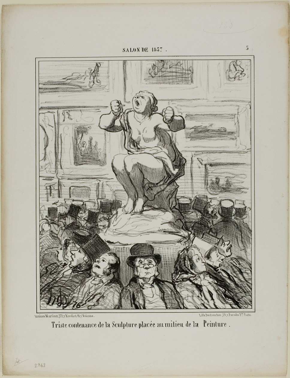 Ubehaget ved en skulptur placeret midt i en udstilling af malerier, planche 5 fra Salon De 1857 af Honoré Victorin Daumier