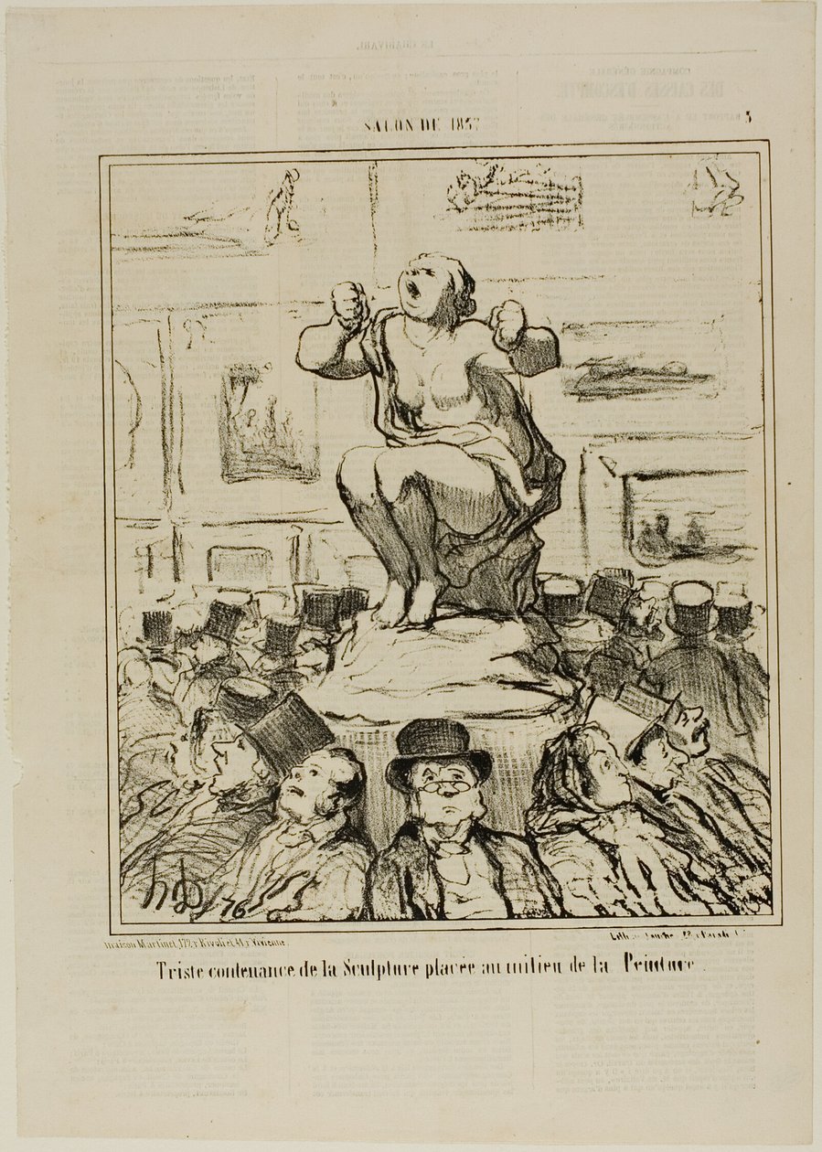 Ubehaget ved en skulptur placeret midt i en udstilling af malerier, planche 5 fra Salon De 1857 af Honoré Victorin Daumier