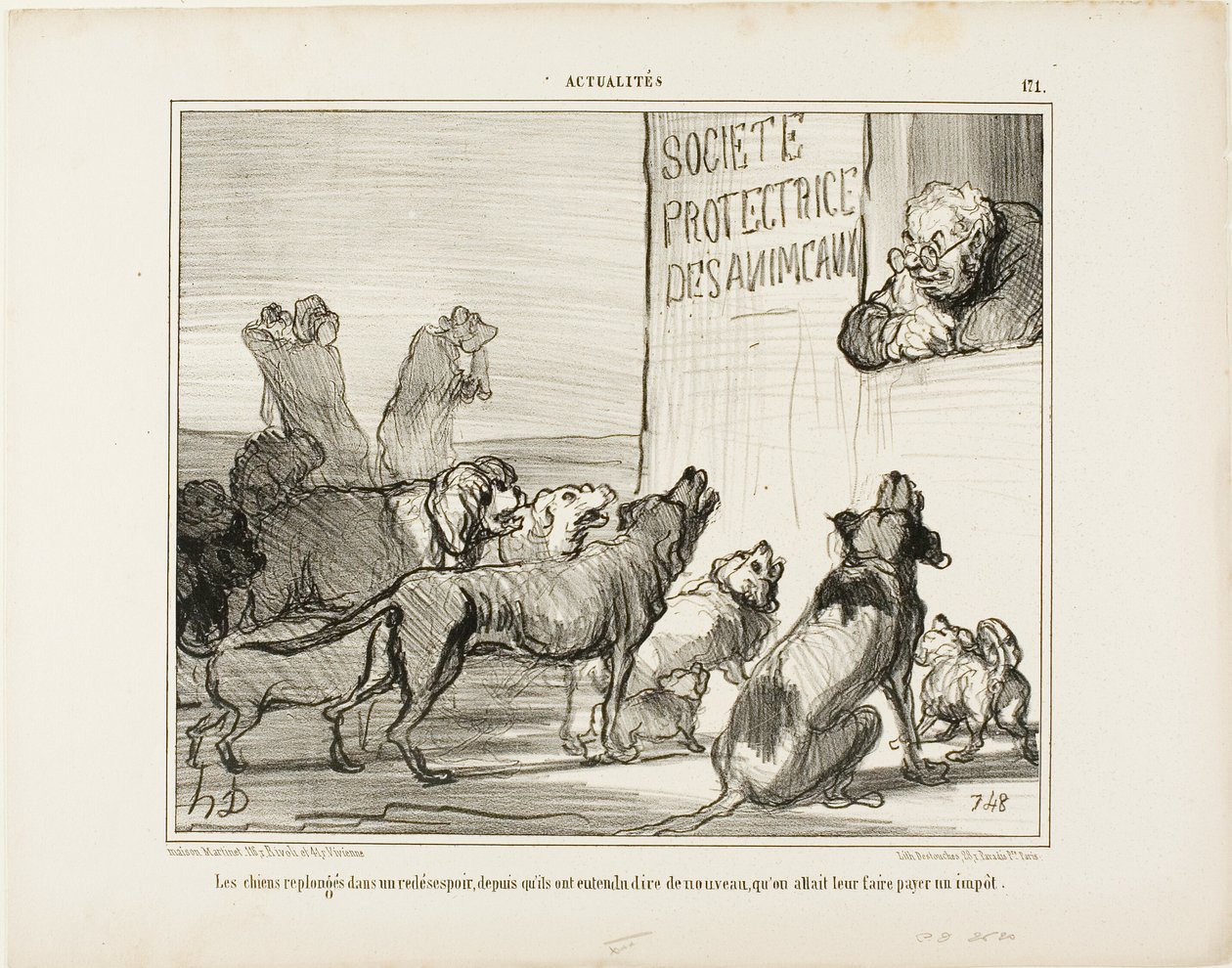 Hundene bliver igen fortvivlede efter at have hørt, at der alligevel kommer en ny afgift på hundekort, opslag 171 fra Actualités af Honoré Victorin Daumier