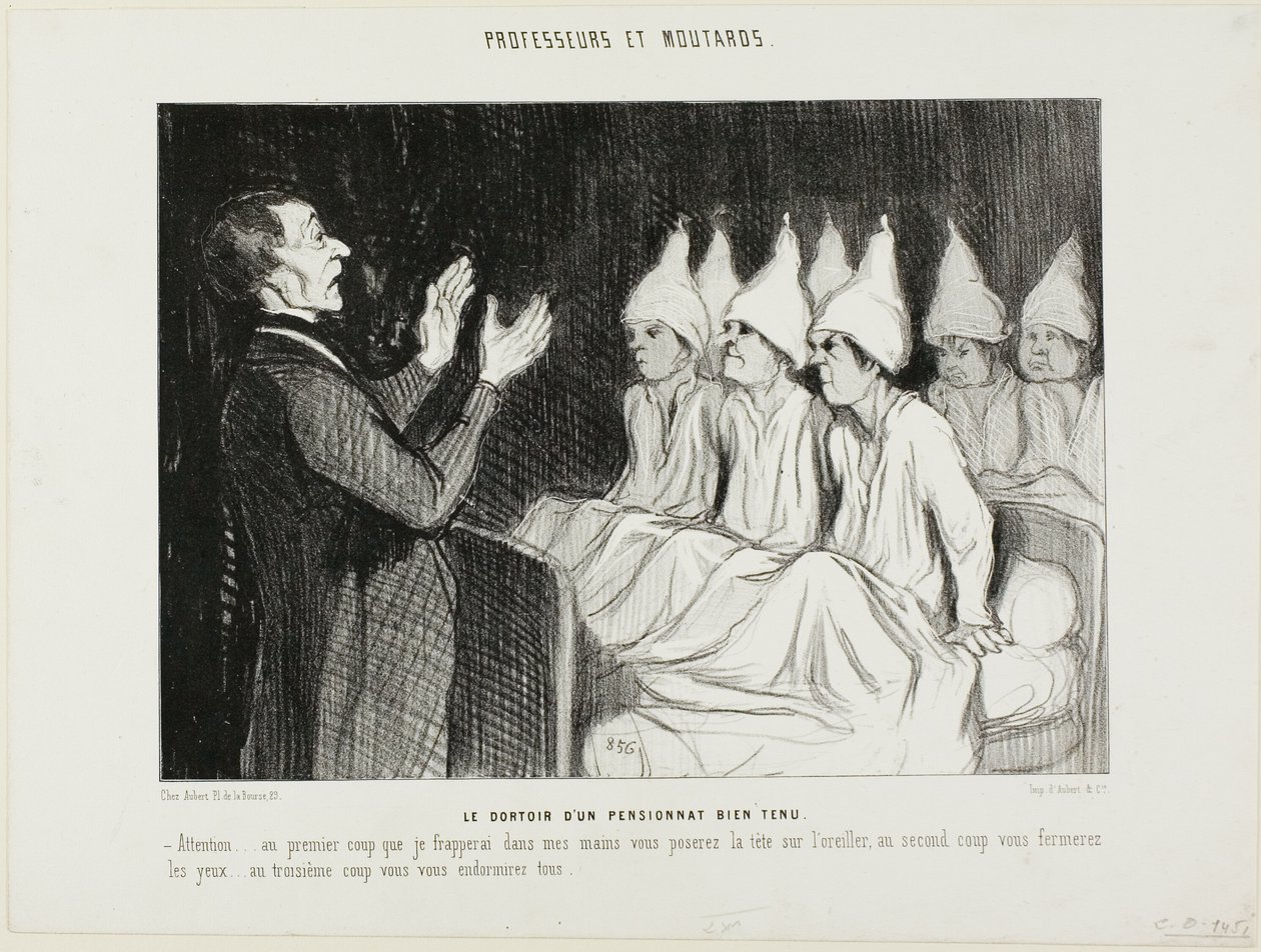 The Dormitory of a Distinguished Boarding School, planche 14 fra Professeurs et Moutards (Professorer og skurke) af Honoré Victorin Daumier