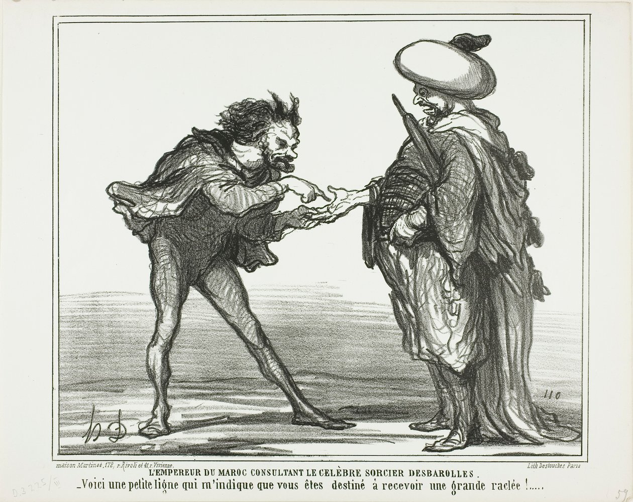 Kejseren af Marokko i samråd med den berømte tryllekunstner Desbarolles. "- Denne lille streg her indikerer for mig, at du vil få en kongelig røvfuld!", plade 126 fra Actualités af Honoré Victorin Daumier
