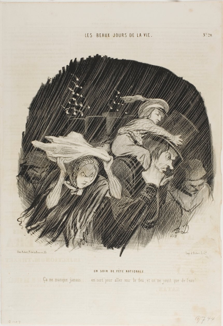 Aftenen på den nationale helligdag. Det slår aldrig fejl ... man går ud for at se fyrværkeriet, og alt, hvad man får, er vandpjaskeri!, plade 20 fra Les Beaux Jours De La Vie af Honoré Victorin Daumier