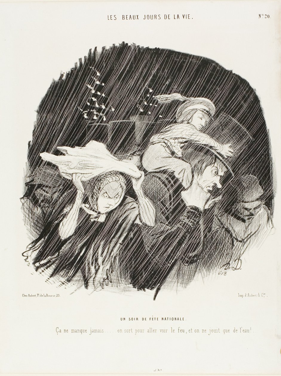 Aftenen på den nationale helligdag. Det slår aldrig fejl ... man går ud for at se fyrværkeriet, og alt, hvad man får, er vandpjaskeri!, planche 20 fra De bedste dage i livet af Honoré Victorin Daumier