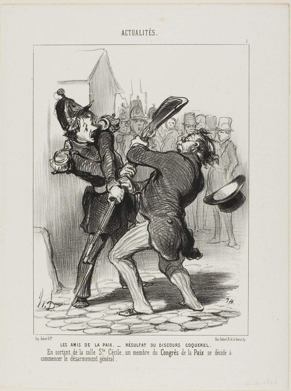 Fredens venner - resultatet af en tale af Coquerel. Da han forlod afdelingen i Saint Cécilia, besluttede et medlem af fredskongressen at starte en generel afrustning, plade 7 fra Actualités af Honoré Victorin Daumier