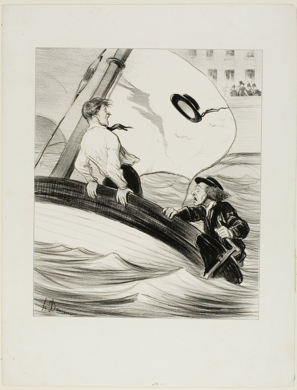 Et vindpust. "- Åh pokkers! Jeg har mistet min hat! - Bare rolig...., da det er vandpølse...., vil du ikke have noget problem med at finde den igen i Rouen!", plade 17 fra Les Canotiers Parisiens af Honoré Victorin Daumier