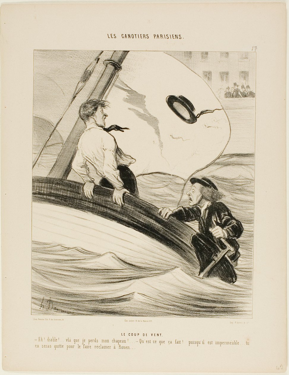 Et vindpust. "- Åh pokkers! Jeg har mistet min hat! - Bare rolig...., da det er vandpølse...., vil du ikke have noget problem med at finde den igen i Rouen!", plade 17 fra Les Canotiers Parisiens af Honoré Victorin Daumier