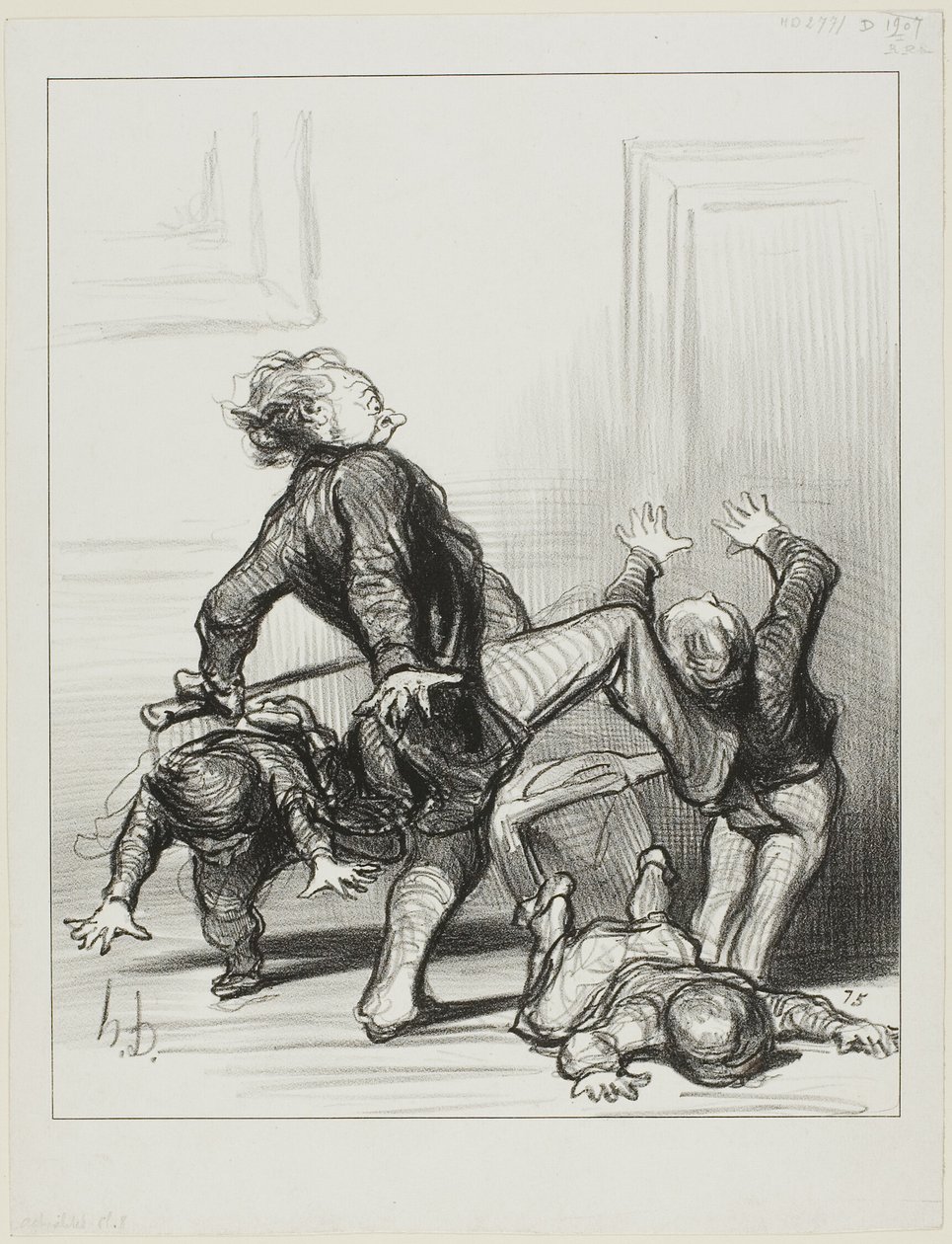 Indflydelsen fra fredskongressen. "Åh, I slyngler, I slås igen ... I ved stadig ikke, at mennesket skal leve i fred og være herre over sig selv," planche 8 fra Actualités af Honoré Victorin Daumier