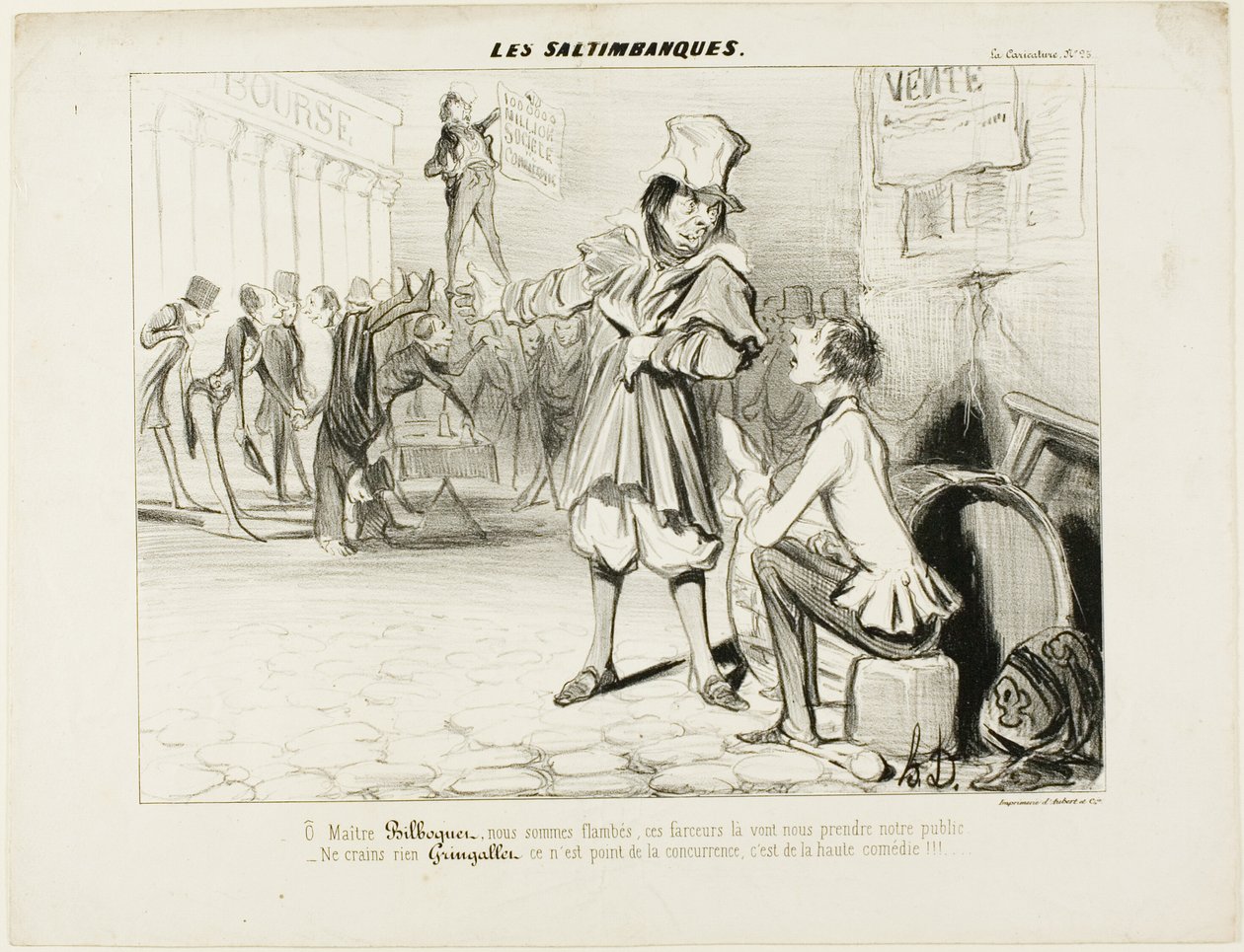 The Mountebanks. "- Åh, Maître Bilboquet, vi har fået nok ... disse klovne vil stjæle vores show! Bare rolig, Gringaillet, de er ingen konkurrenter, de er bare komikere!", fra Les Saltimbanques af Honoré Victorin Daumier