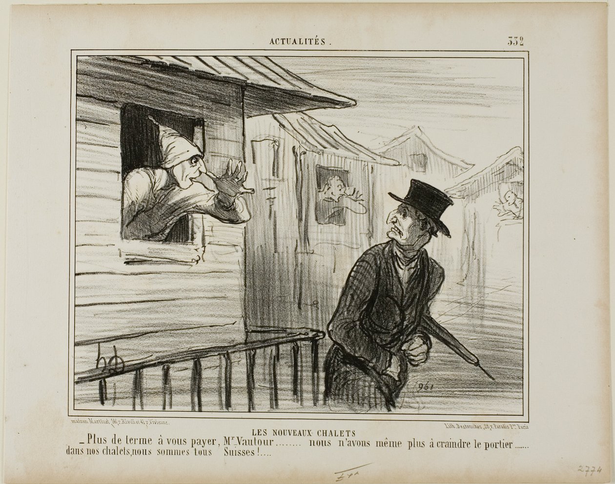 De nye blokhuse. "- Ikke mere husleje at betale, Monsieur Vautour ... og vi er ikke længere bange for viceværten..... i vores hytter er vi alle schweizere," plade 332 fra Actualités af Honoré Victorin Daumier