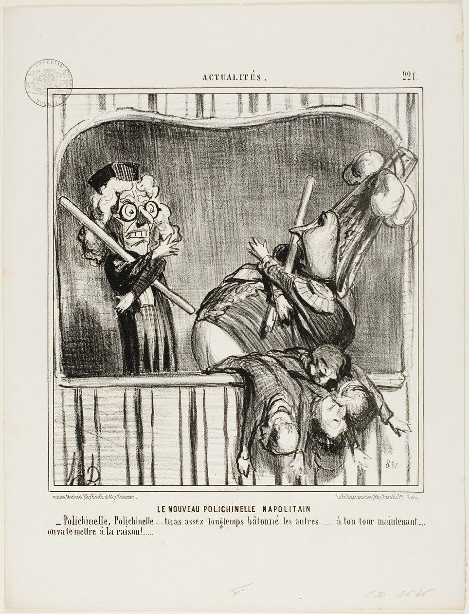 Den nye napolitanske klovn. "- Polichinelle, Polichinelle, du har skældt ud på de andre længe nok ... nu er det din tur. Vi vil bringe dig til fornuft ...", plade 221 fra Actualités af Honoré Victorin Daumier