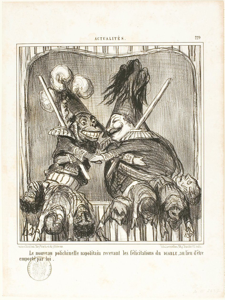 Den nye napolitanske klovn. Modtager Djævelens lykønskninger i stedet for at blive båret væk af ham, plade 229 fra Actualités af Honoré Victorin Daumier