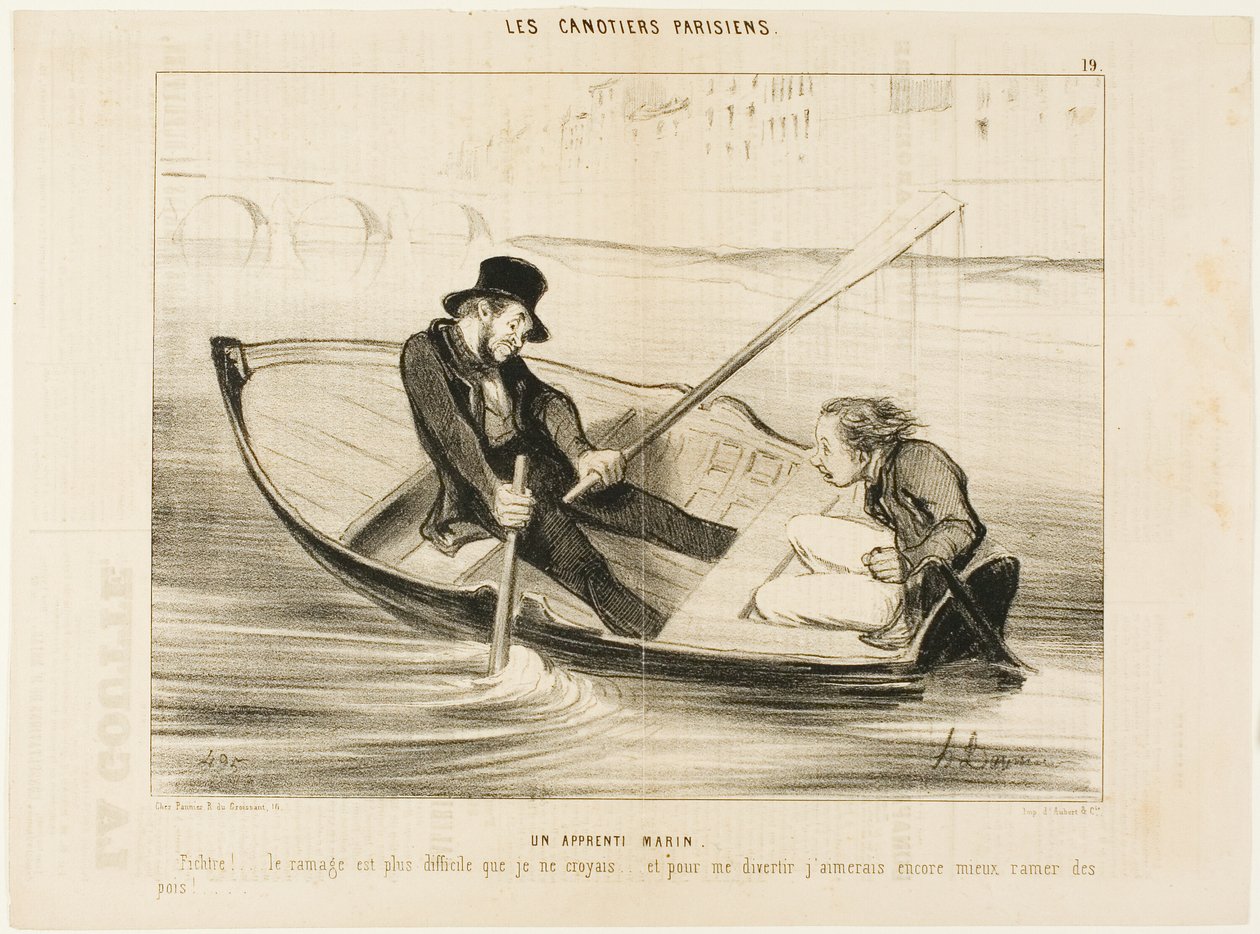 Den uerfarne sejler. "Djævel ... at ro er meget sværere, end jeg troede! Og for virkelig at hygge mig vil jeg hellere holde mig til ærter.", planche 19 fra Les Canotiers Parisiens af Honoré Victorin Daumier