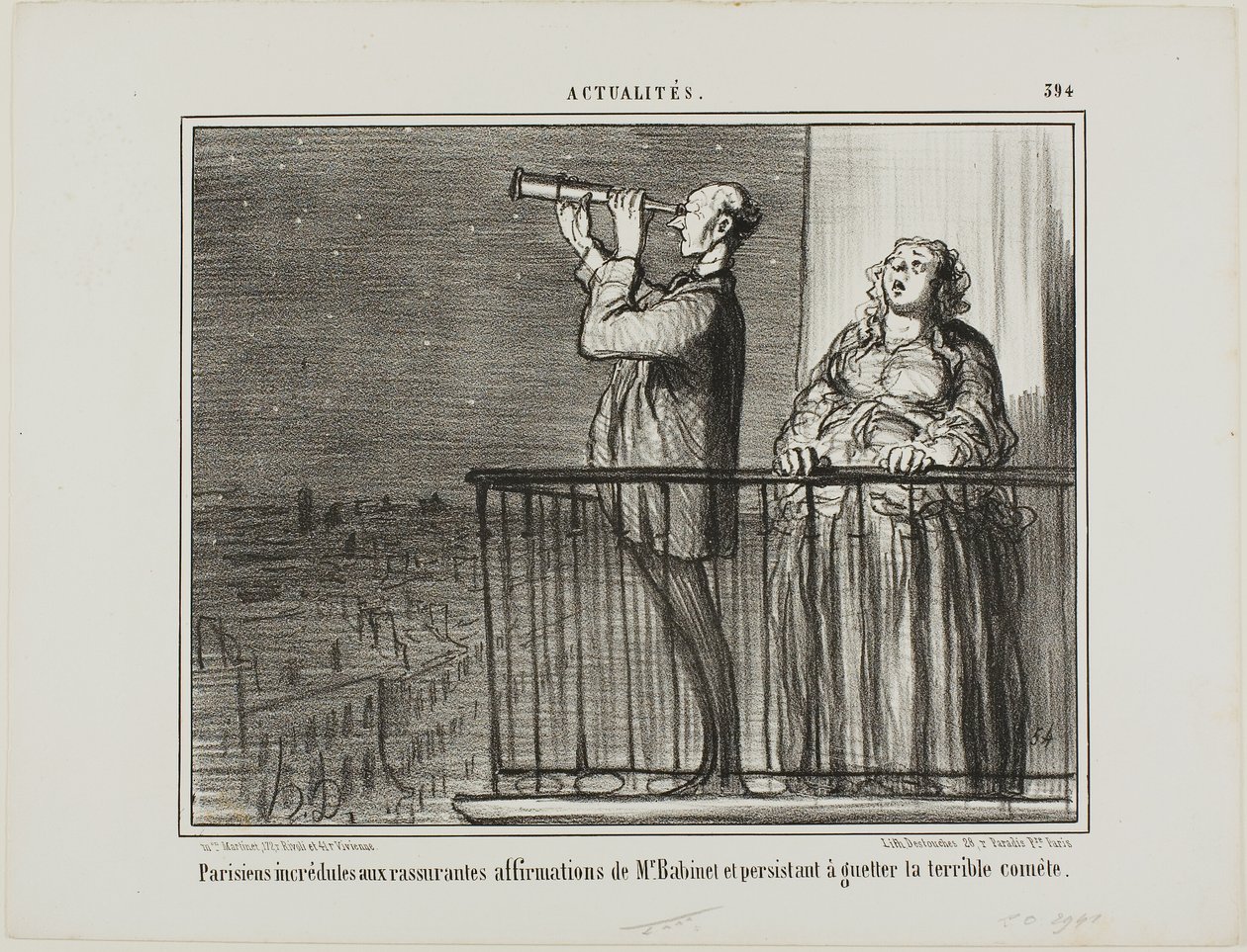 Pariserne stoler ikke helt på Monsieur Babinets forsikringer og insisterer på at ligge og vente på kometen, plade 394 fra Actualités af Honoré Victorin Daumier