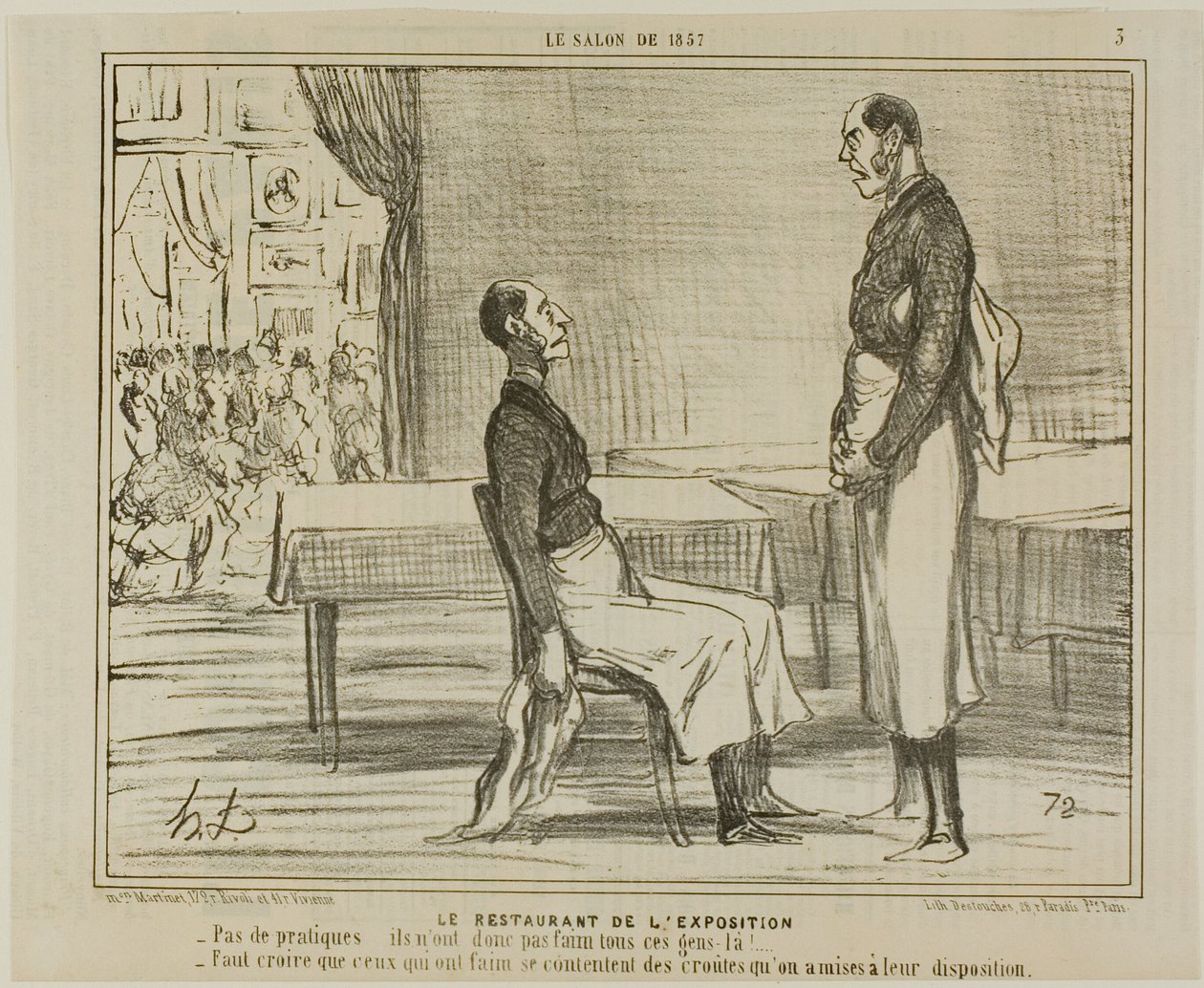Restauranten på udstillingen. "- Ingen kunder overhovedet ... er disse mennesker ikke sultne - Jeg gætter på, at de sultne spiser de snacks, de blev tilbudt," planche 3 fra Le Salon De 1857 af Honoré Victorin Daumier
