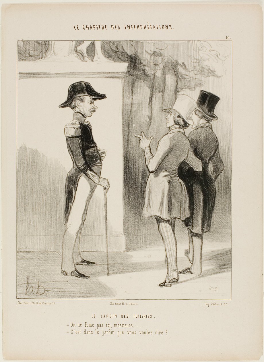 Tuileries-haven. "- Der må ikke ryges her, sir! - Du mener i haven", plade 10 fra Le Chapitre Des Interprétations af Honoré Victorin Daumier