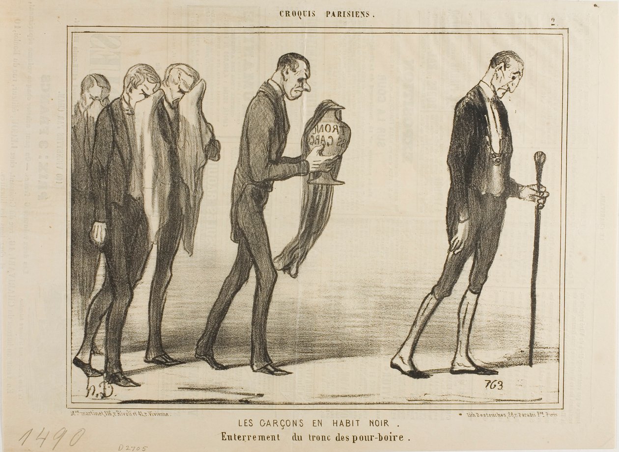 Tjeneren i det sorte jakkesæt. Begravelse af drikkepengekassen, plade 2 fra Croquis Parisiens af Honoré Victorin Daumier