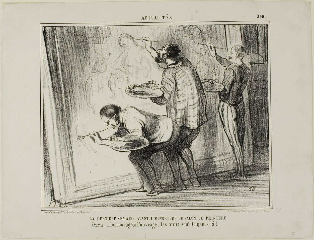Ugen før åbningen af kunstudstillingen. Kor: "- Mod, lad os gøre arbejdet færdigt! Det er det, venner er her for", plade 399 fra Actualités af Honoré Victorin Daumier