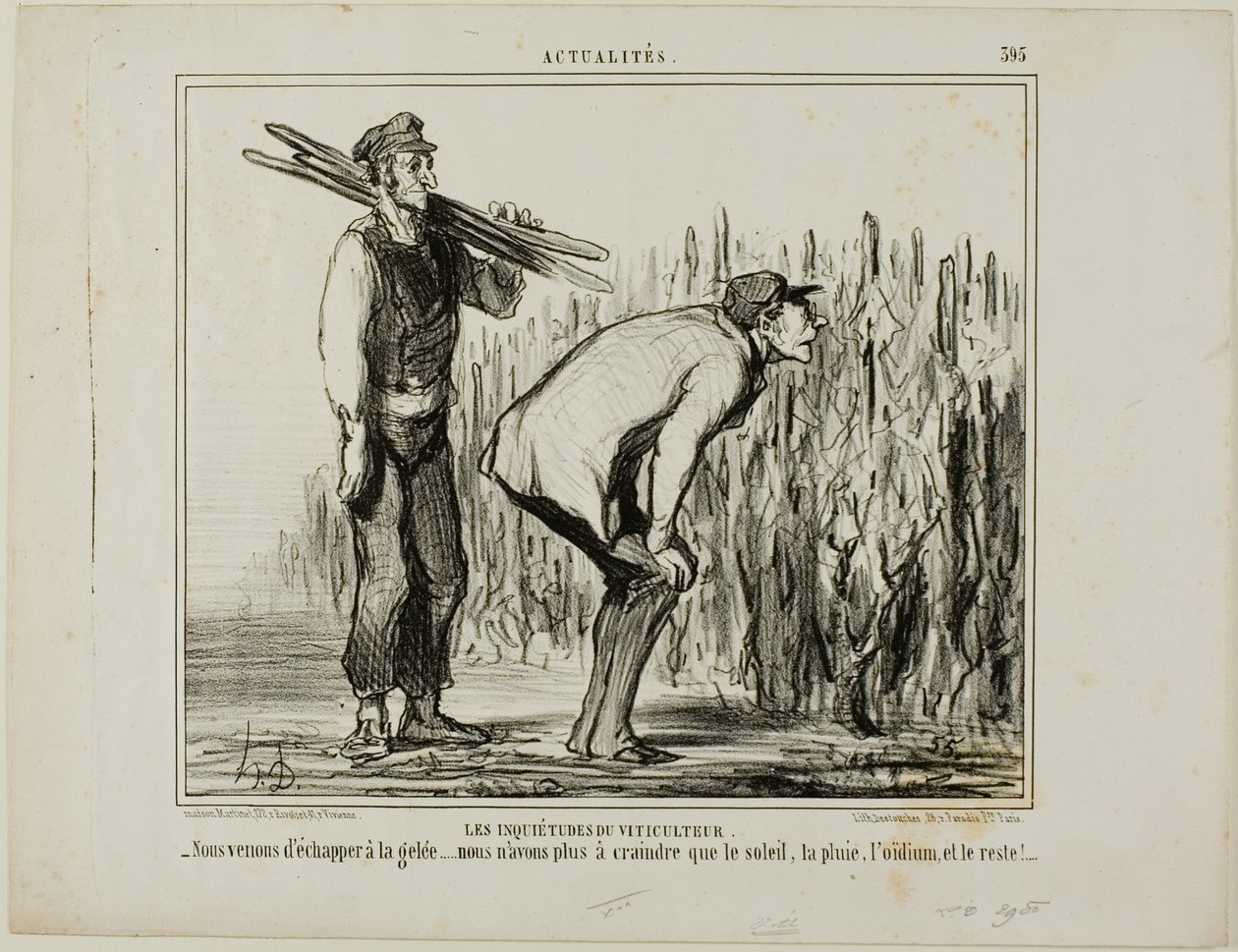 En vinbondes bekymringer. "- Vi slap for frosten.... alt, hvad vi nu skal bekymre os om, er solen, regnen, vinmuggen og alt det andet...", plade 397 fra Actualités af Honoré Victorin Daumier