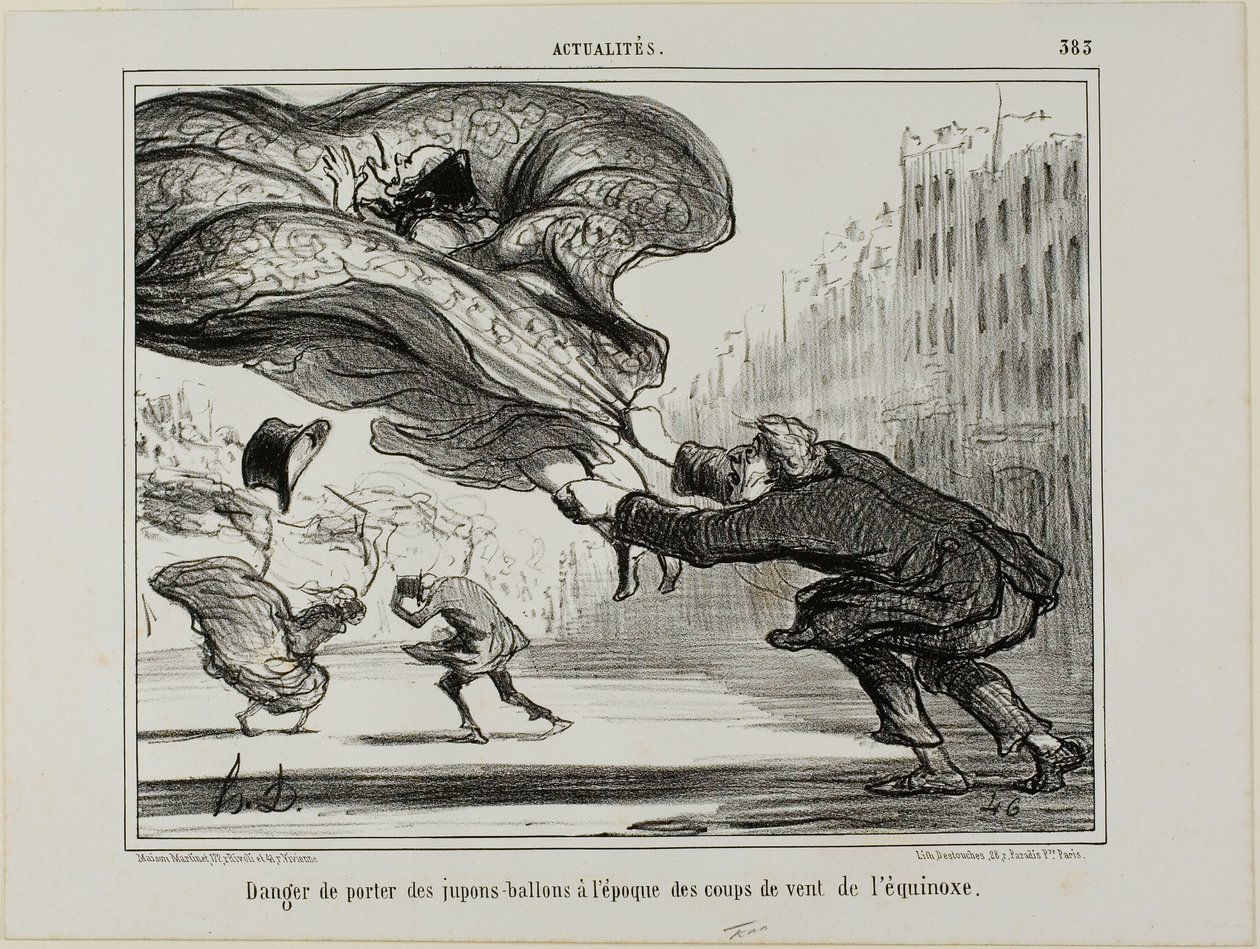 Faren ved at bære ringskørt under en pludselig forårsstorm, planche 26 fra La Crinolomanie af Honoré Victorin Daumier