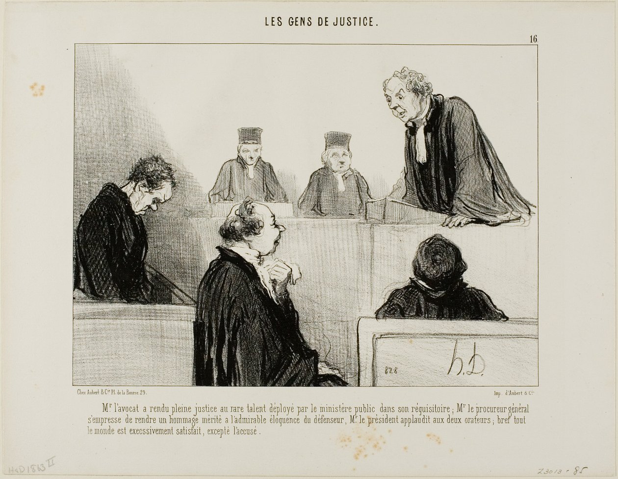 Forsvaret roser anklagerens talent, mens statsadvokaten beundrer forsvarets veltalenhed. Dommeren klapper af dem begge, og alle er tilfredse, undtagen den anklagede, planche 16 fra Les Gens De Justice af Honoré Victorin Daumier