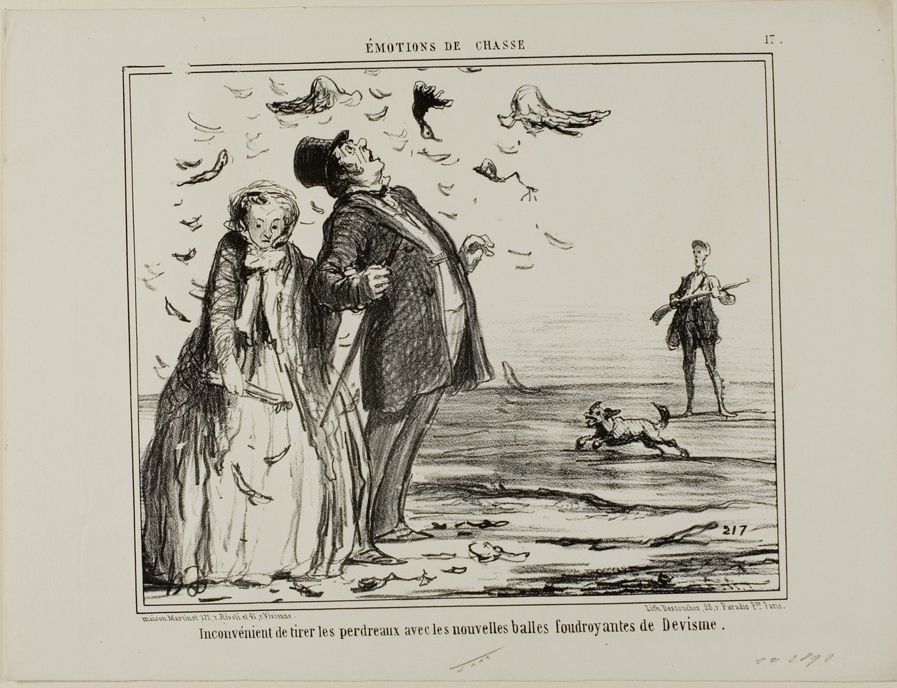Ulempen ved at skyde på unge agerhøns med de nye eksplosive kugler fra Devisme, planche 17 fra Émotions De Chasse af Honoré Victorin Daumier