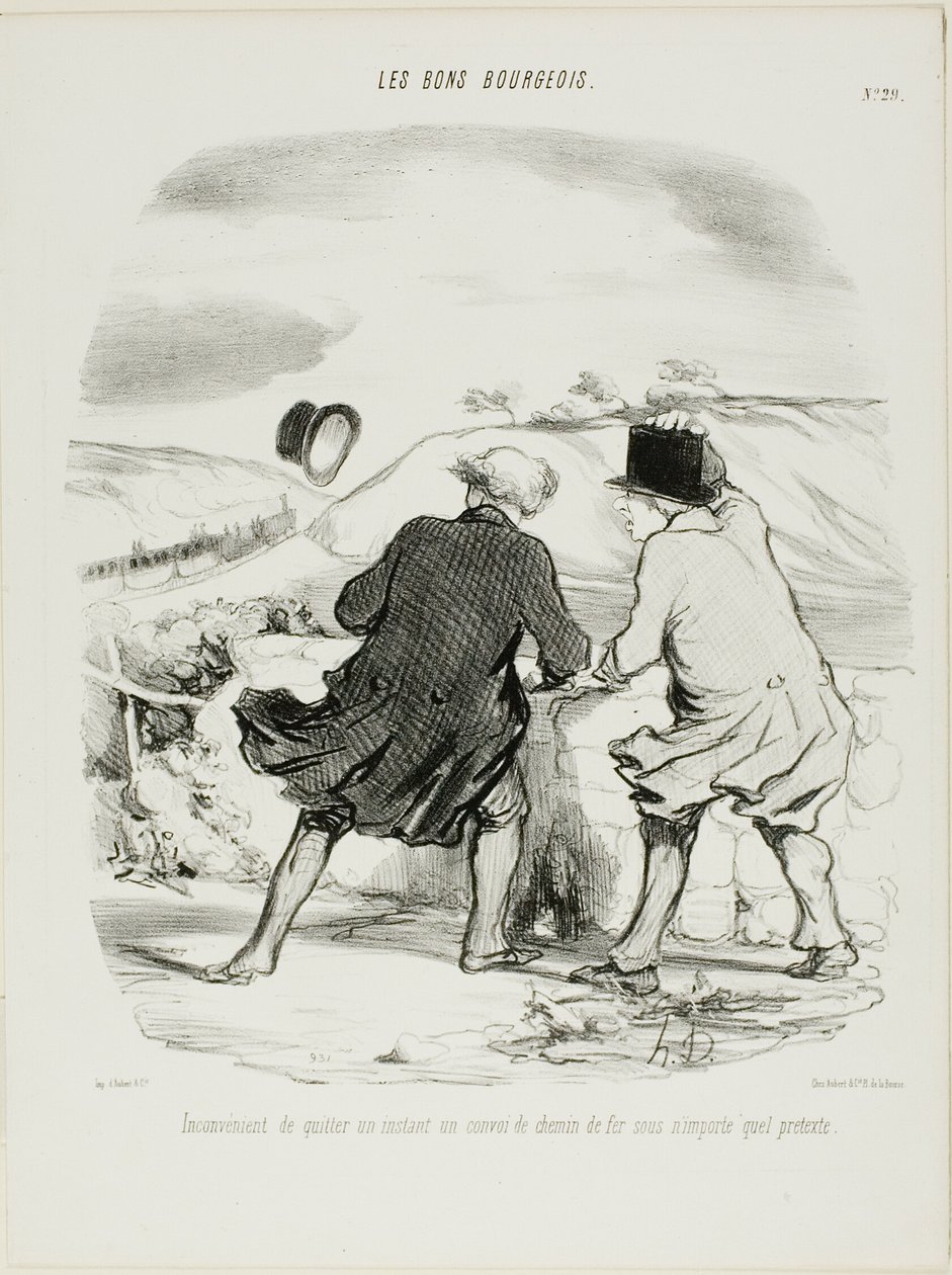 Ulempen ved at forlade toget, selv om det kun er et øjeblik og under en hvilken som helst undskyldning, planche 29 fra Les Bons Bourgeois af Honoré Victorin Daumier