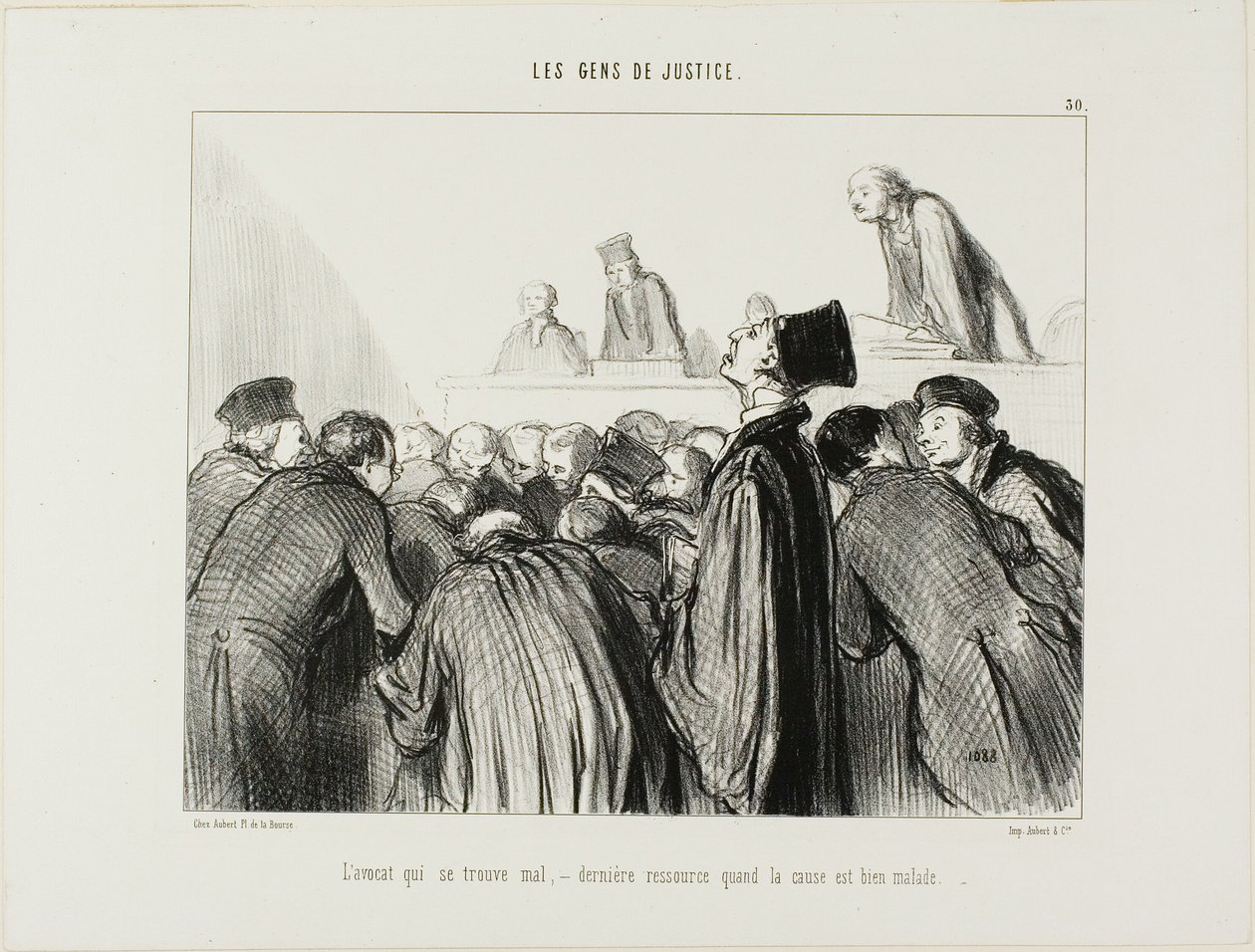 Advokaten bliver syg, en sidste udvej, når hans sag også begynder at se syg ud, planche 30 fra Les Gens De Justice af Honoré Victorin Daumier
