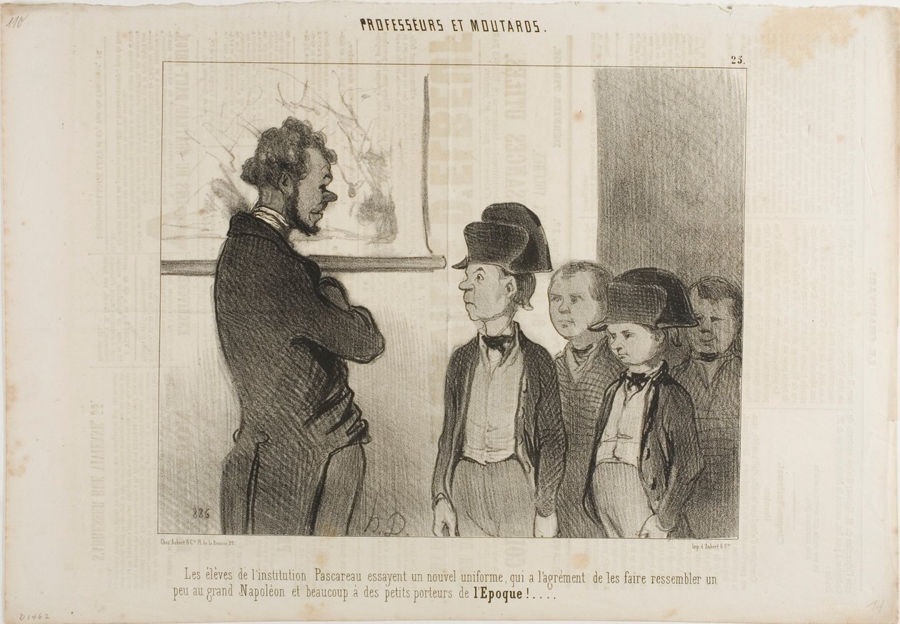 Eleverne på Institut Pascareau prøver deres nye skoleuniform, som får dem til at ligne lidt den store Napoleon og meget små avisdrenge, plade 25 fra Professeurs Et Moutards af Honoré Victorin Daumier