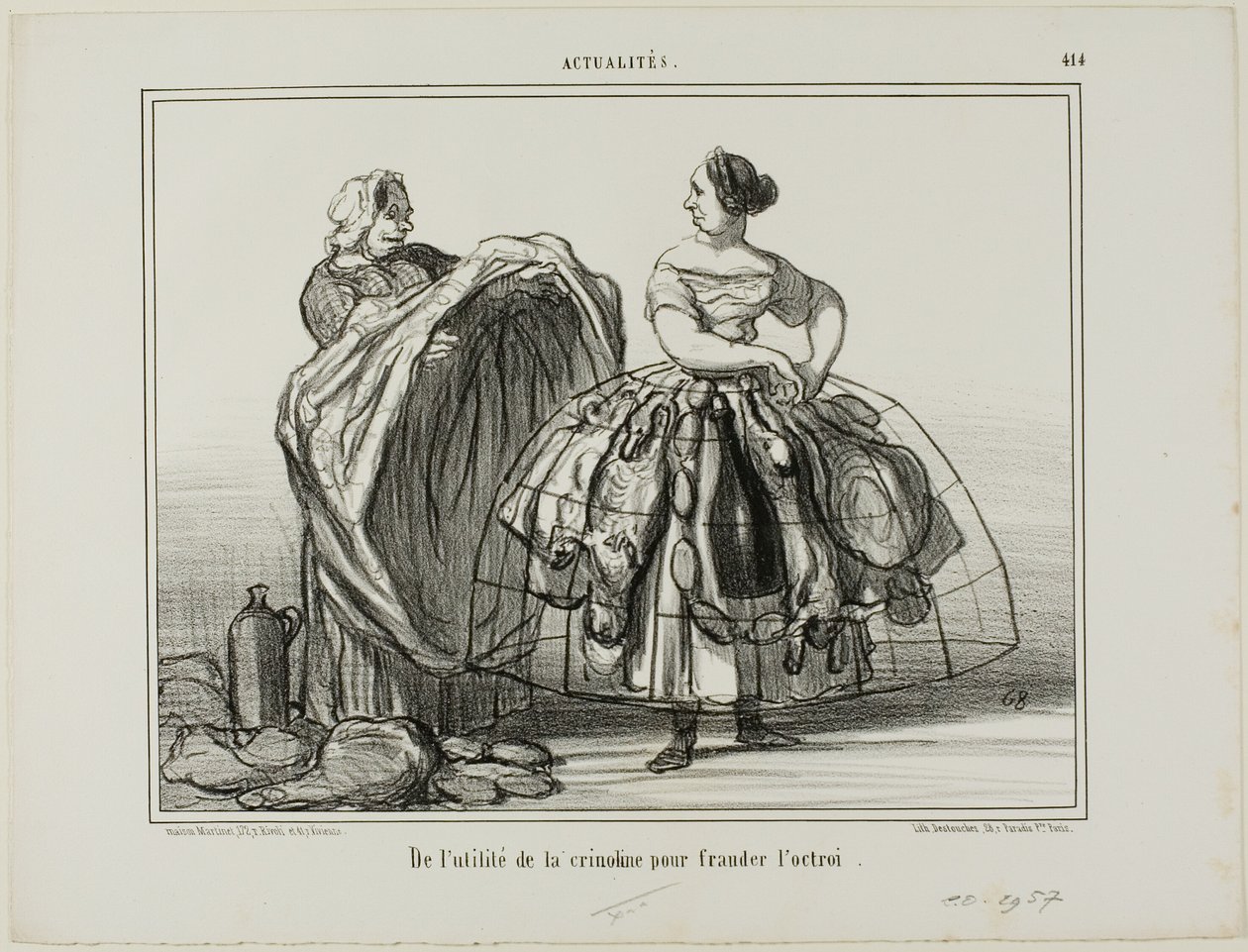 Krinolinens anvendelighed, når man snyder tolderne, opslag 414 fra Actualités af Honoré Victorin Daumier